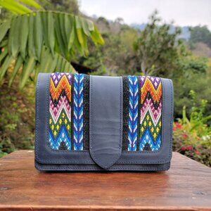 Unique Guatemalan Leather Handbag - Recycled Huipil and Navy Leather (Temoatzin)